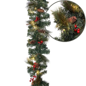 9 ft. Pre-Lit LED Artificial Christmas Garland with Pinecones, Red Berries and 50 Warm White Lights for Mantle Decor