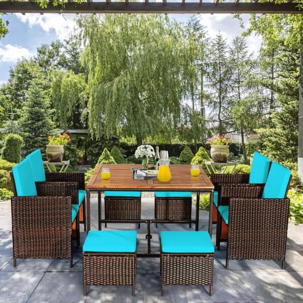 9-Piece Wicker Outdoor Dining Set Patio Rattan Chairs Set with Turquoise Cushions and Acacia Wood Tabletop