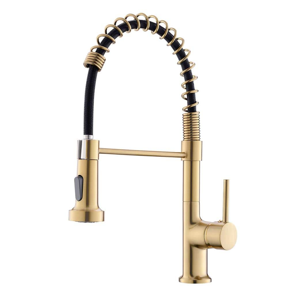 Single Handle Pull Down Sprayer Kitchen Faucet with Advanced Spray Single Hole Brass Kitchen Sink Taps in Brushed Gold -  AIMADI, KI-0015-BG