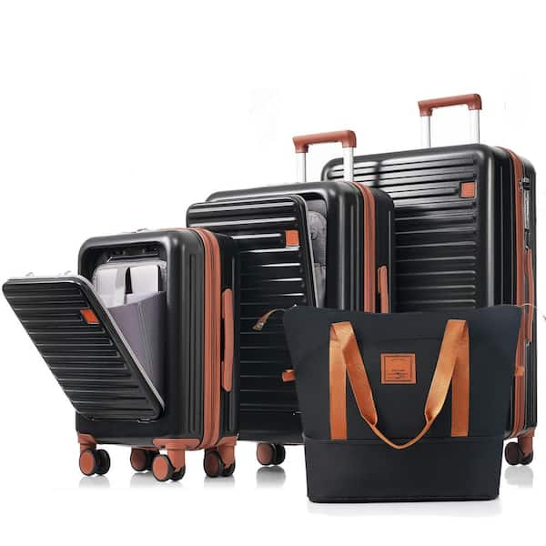 Merax 4-Piece Black Expandable ABS Hardshell Spinner Luggage Set with Travel Bag, USB Port, Cup Holder, Hooks