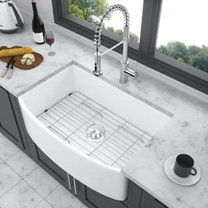 White Ceramic 30 in. Single Bowl Farmhouse Arch Edge front Kitchen Sink with Bottom Grid and Basket Strainer