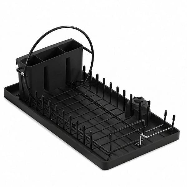 Expandable Small Sink Dish Drying Rack with Silicone Tray and Cutlery Holder for 14-19 in. Kitchen Sink
