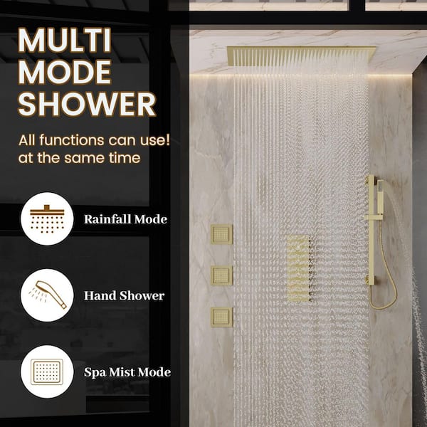 Thermostatic Rain 3-Spray Ceiling Mount Dual Fixed and Handheld Shower Head w/ 3-Body Jets and Slide Bar in Brushed Gold