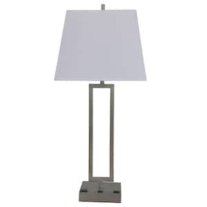 25.5 in. Tech-Friendly Brushed Nickel Metal Table Lamp with 1-Outlet and 1 USB Base Port