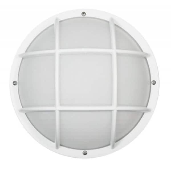 Nautical Round White Outdoor Hardwired Bulkhead Sconce with 3000K LED Bulb and Grid-Style Diffuser Cage