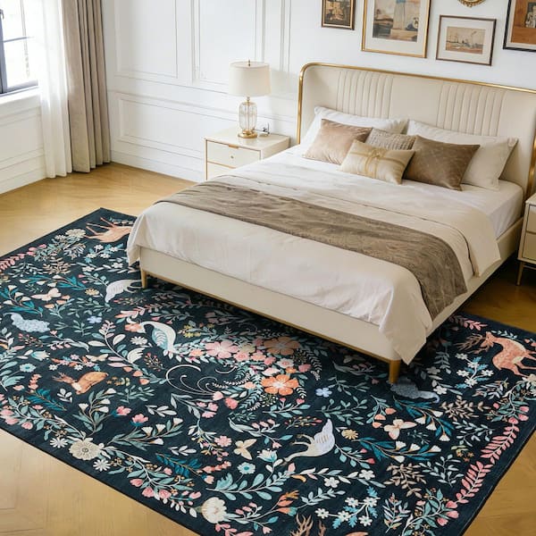 8 X 10 ft. Black Deer and Peacock Animal Pattern Washable Non-Slip Stain-Resistant Area Rug