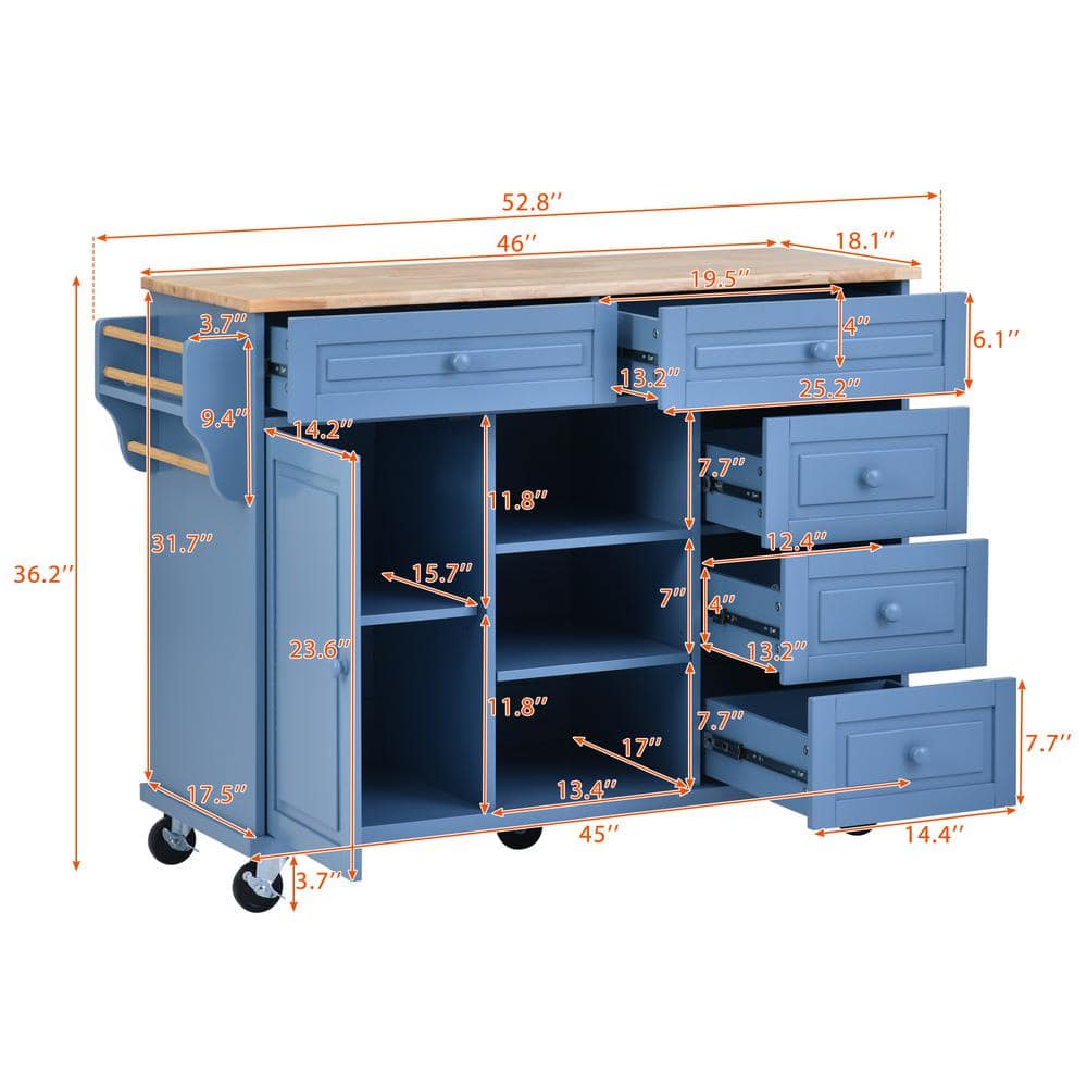 Blue Wood 53" Rolling Kitchen Cart with Spice Rack and Storage