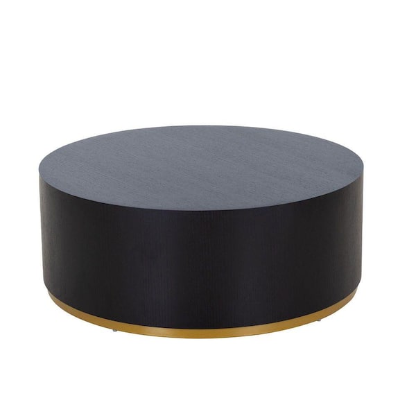 35.1 in. Black Round Wood Coffee Table with Gold Rim Bottom