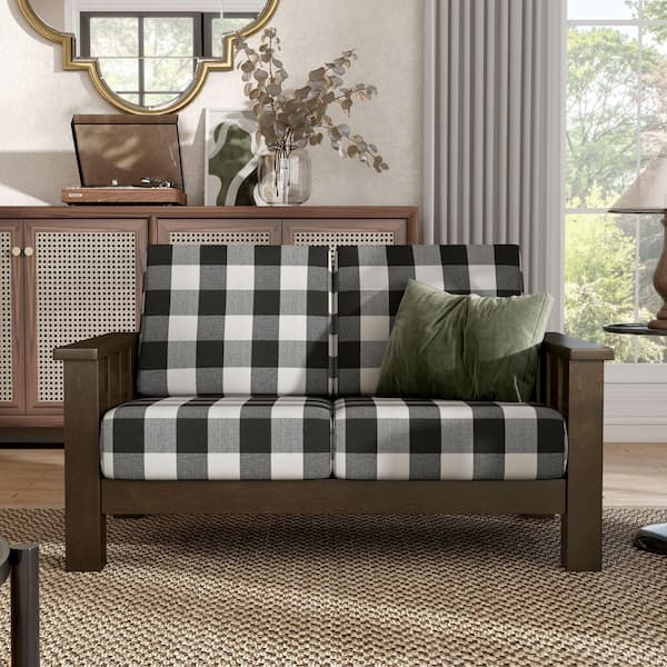 Furniture of America Thu 55 in. Checkered Fabric 2-Seater Removable Cushion Loveseat in Dark Walnut