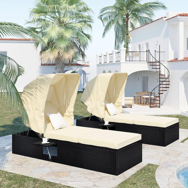 Tunearary Daybed Black Wicker Outdoor Chaise Lounge with Beige Cushions, Canopy and Cup Table