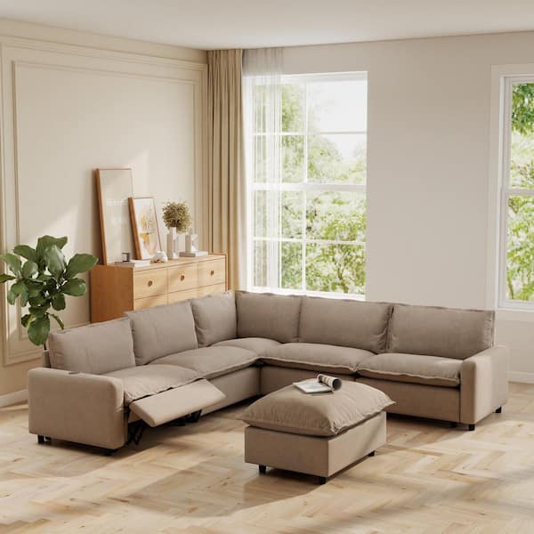 112.6 in. Square Arm 6-Piece Linen Heated Power Reclining Modular Sectional Sofa with Chaise and USB in Brown