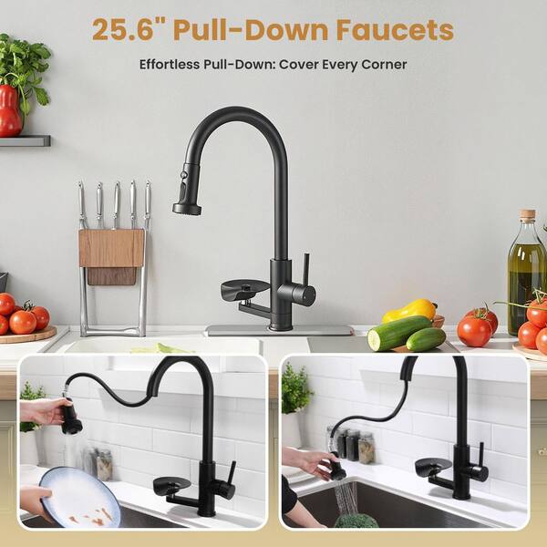 3-in-1 Matte Black Kitchen Faucet with Glass Rinser, Pull-Down Sprayer, 3 Modes High Arc Single Handle Sink Faucet