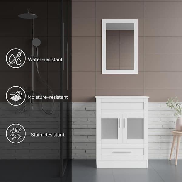 24 in. W x 19 in. D x 33 in. H Single Sink White Bath Vanity with Blue Solid Surface Top Sink and Mirror