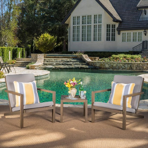 Unbranded Outdoor Acacia Wood 3-Piece Chat Set for Patio, Backyard, Deck, with Water Resistant Cushions, Gray and Brown