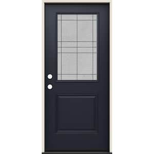 36 in. x 80 in. Right-Hand 1/2 Lite Dilworth Decorative Glass Black Fiberglass Prehung Front Door