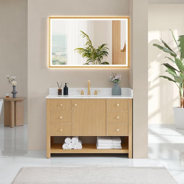 Cecil 48 in. Single Freestanding White Oak Bath Vanity with Grain White Engineered Stone Top Assembled