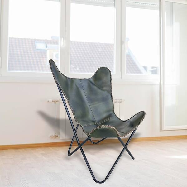 AmeriHome Forest Green Genuine Leather Butterfly Chair with Black