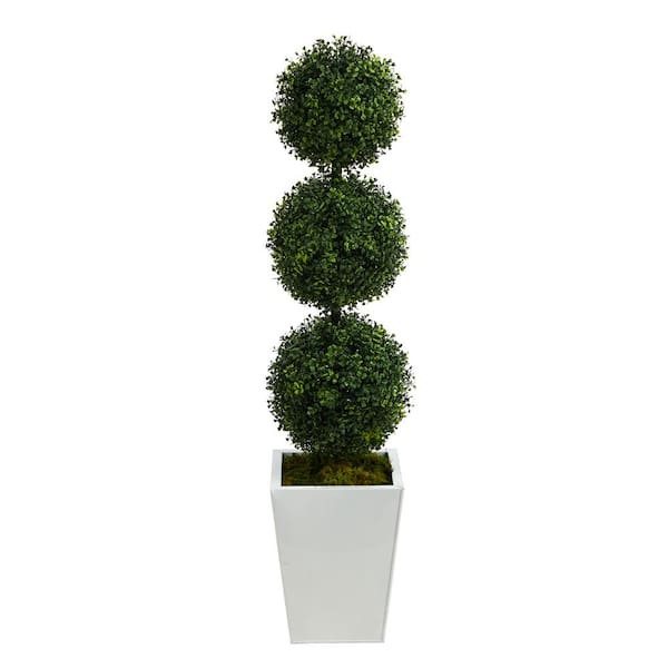 46 in. Indoor/Outdoor Boxwood Triple Ball Topiary Artificial Tree in White Metal Planter