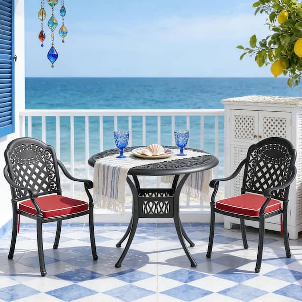 3-Piece Black Cast Aluminum Patio Outdoor Dining Set with Round Table and 2-Chairs with Red Cushions
