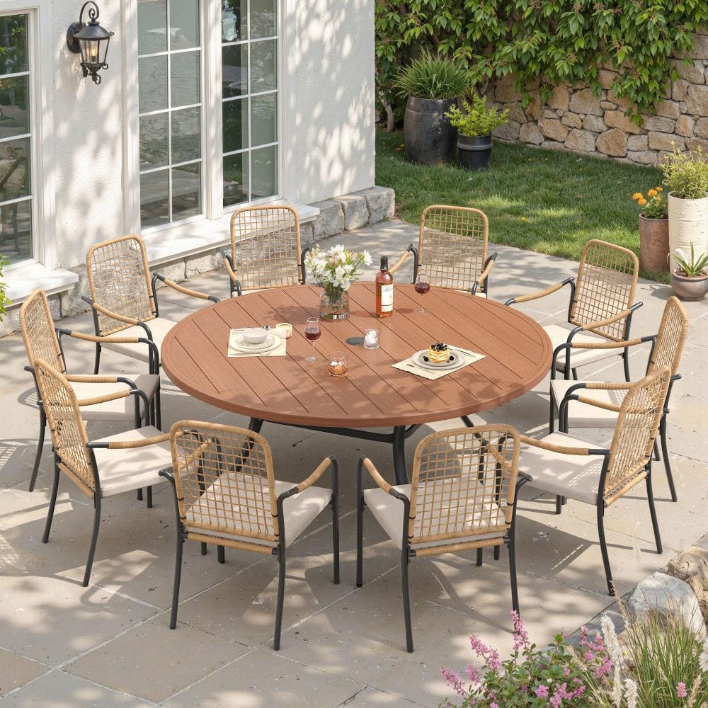 11-Piece Metal Outdoor Dining Set with 63 in. Round Walnut Dining Table and 10 Wicker Dining Chairs with Beige Cushions price history on PriceWatchPro