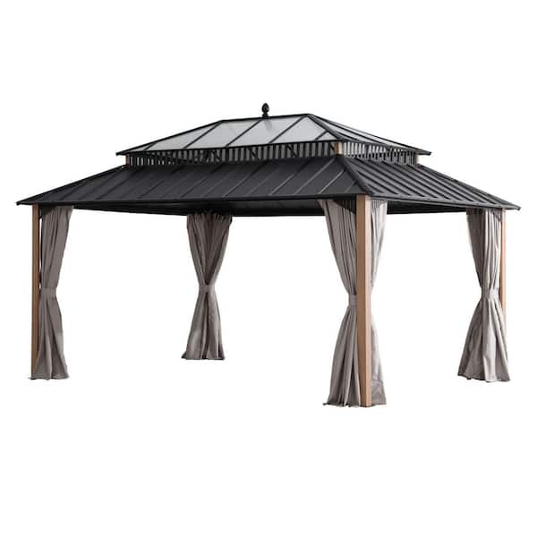 Kingston 16 ft. x 12 ft. Hardtop Gazebo w/ Steel and Polycarbonate Roof, Woodgrain Aluminum Posts, Curtains, and Netting