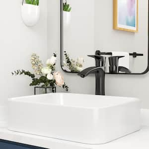 19 in. White Ceramic Rectangular Vessel Sink with Matte Black Bathroom Faucet, Drain Not Included