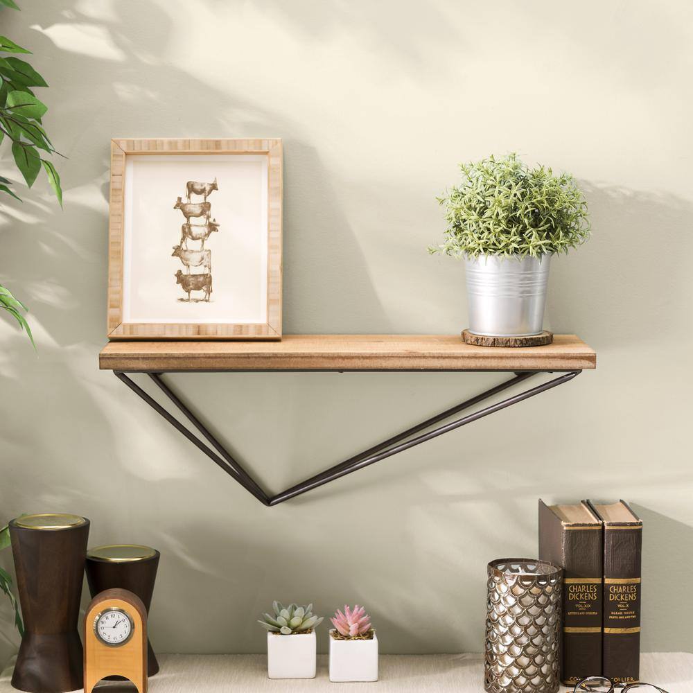 Asymmetrical Black Metal and Pine Wood 26'' Floating Wall Shelf