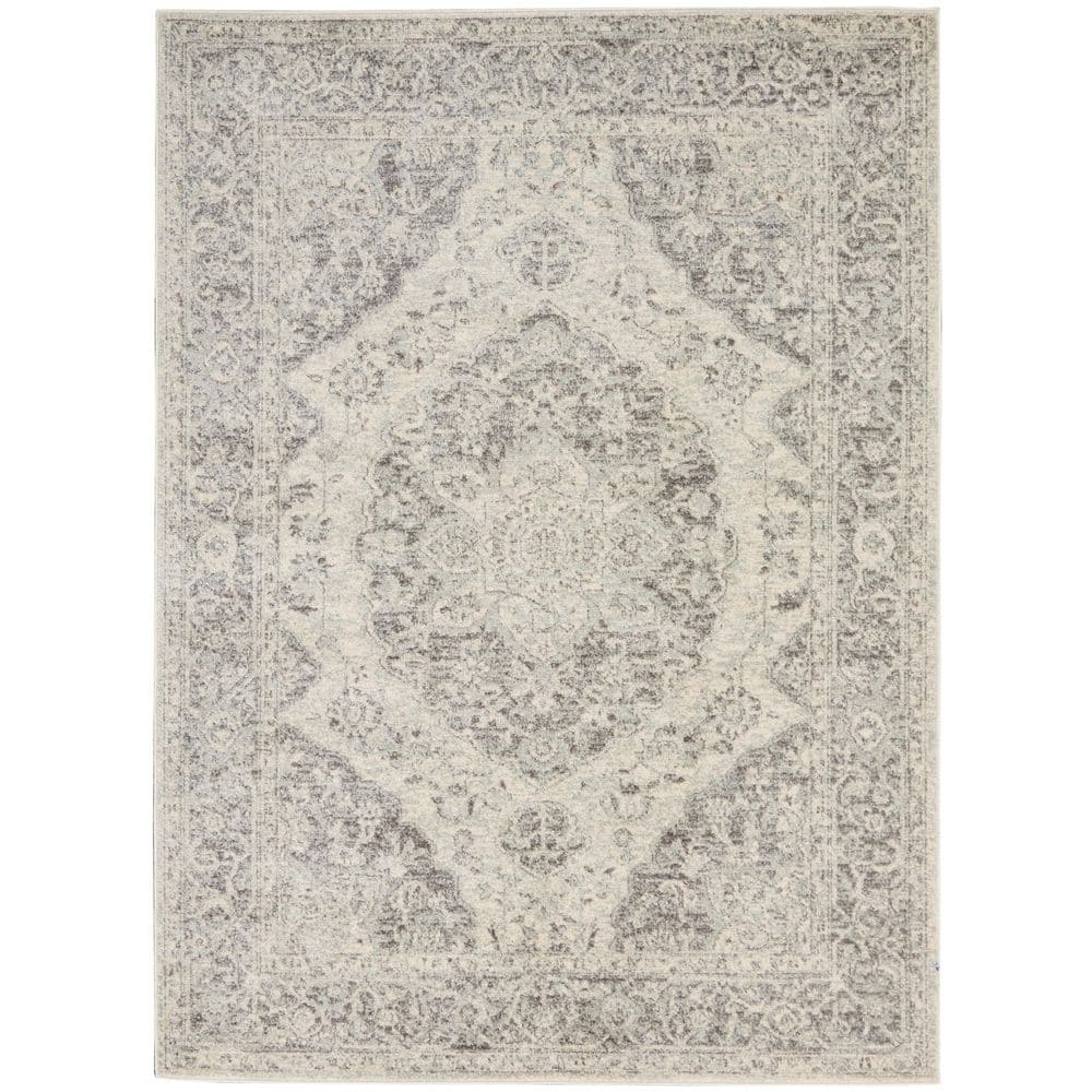 Ivory and Grey Synthetic Rectangular 4' x 6' Area Rug
