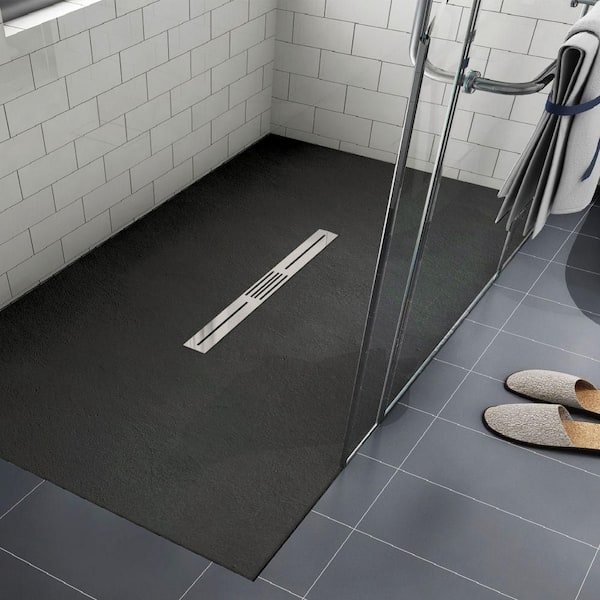 Trimslate 59.1 in. L x 35.5 in. W Alcove Customizable Shower Pan Base with Center Drain in Black