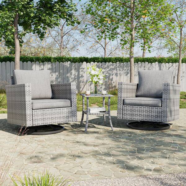 3-Piece Gray Wicker Outdoor Swivel Rocking Chairs Patio Bistro Set with Side Table Linen Grey Cushion