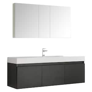 Mezzo 59 in. Vanity in Black with Acrylic Vanity Top in White with White Basin and Mirrored Medicine Cabinet