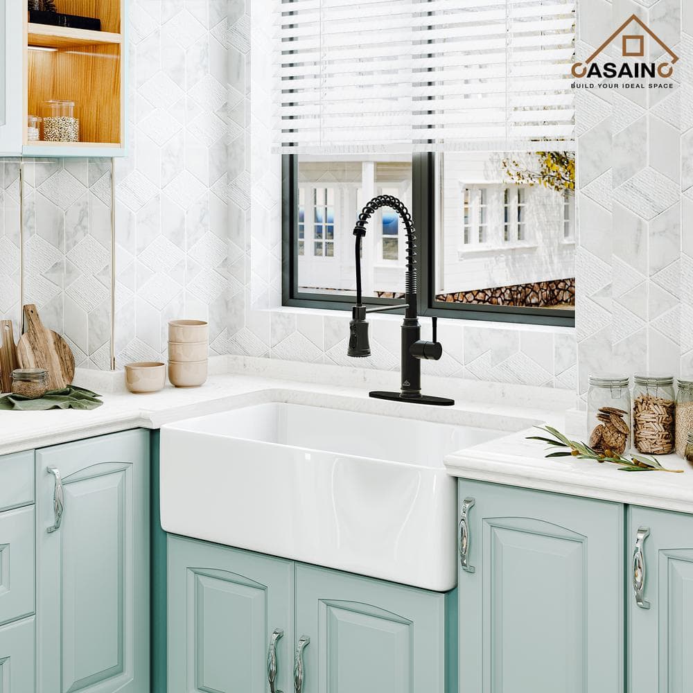 Glossy White Fireclay Single Bowl Farmhouse Kitchen Sink with Accessories