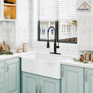 Glossy White Fireclay 30 in. Single Bowl Farmhouse Apron Kitchen Sink with Bottom Grid and Strainers With CUPC Certified