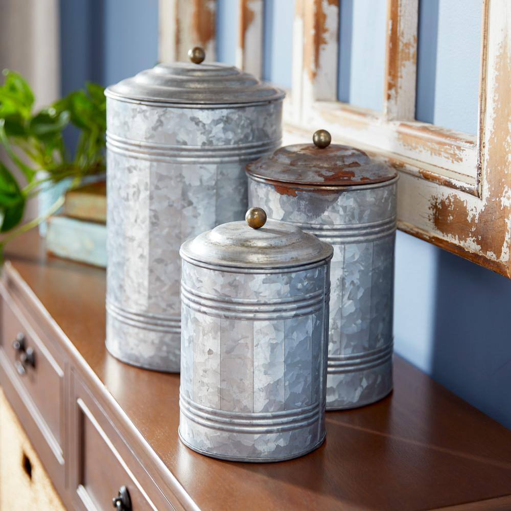 Gray Galvanized Metal Cylinder Canister Set with Lids