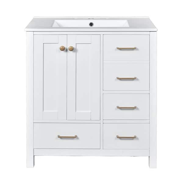 30 in. Single Sink White Bath Vanity with White Ceramic Top, 4-Drawers, Soft Closing Doors