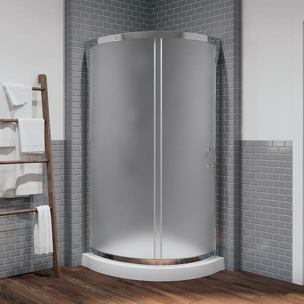 Breeze 34 in. L x 34 in. W x 76.97 in. H Corner Shower Kit with Frosted Framed Sliding Door in Chrome and Shower Pan