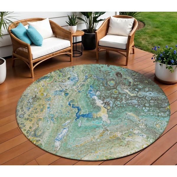 HomeRoots Teal Blue, Lime Green, Green 8 ft.  RoundWoven Abstract Polyester Round Indoor / Outdoor Area Rug