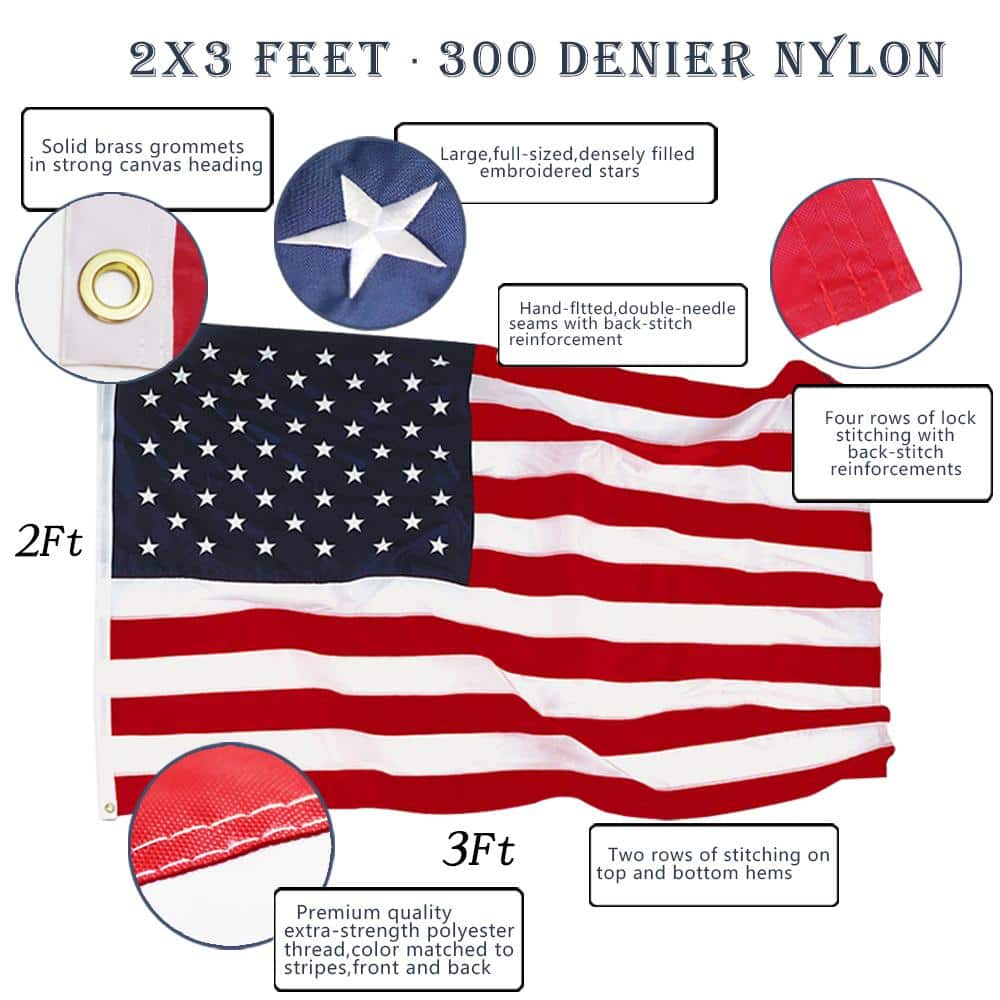 2x3 Foot Embroidered Nylon American Flag with Grommets