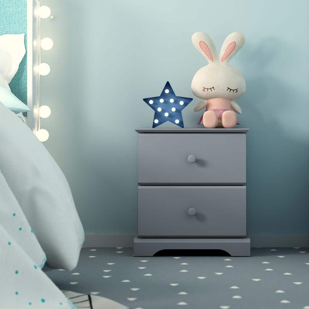 Gray Wood 2-Drawer Kids Nightstand, 22" Height