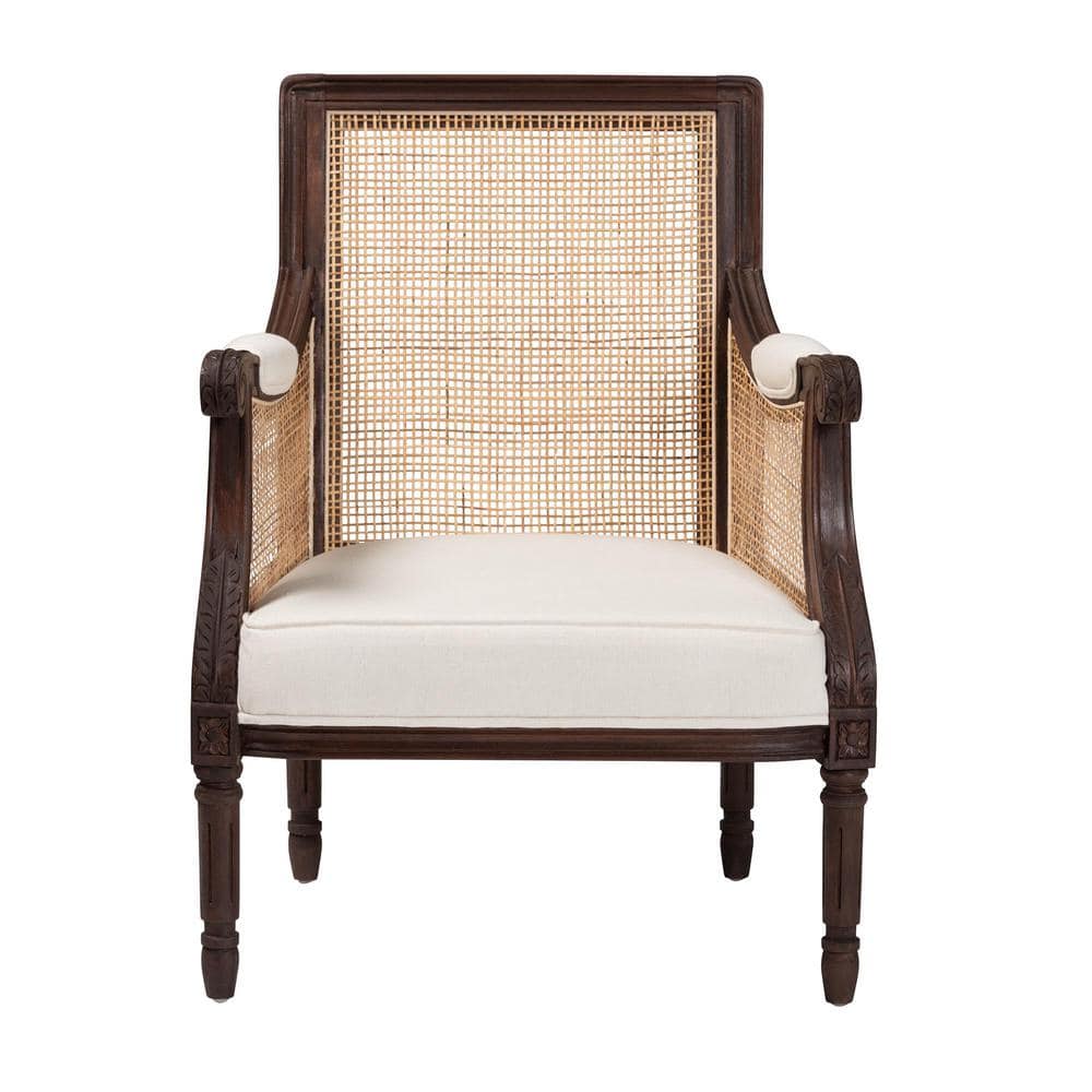 French Provincial Dark Brown Wood and Beige Fabric Accent Chair