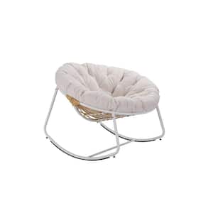 40 in. W White Metal Outdoor Rocking Chair with Beige Cushions