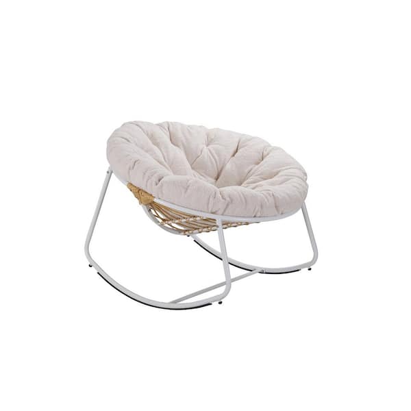 Cesicia 40 in. W White Metal Outdoor Rocking Chair with Beige Cushions
