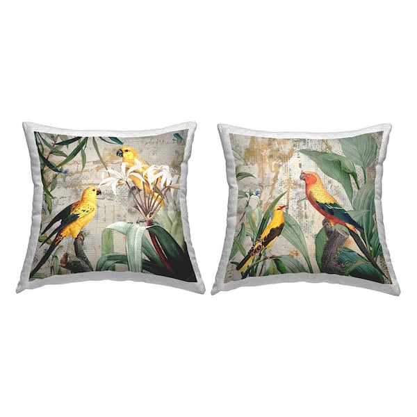 Yellow Parrots and Botanicals Multi-Color Square Outdoor Throw Pillow 2-Pack