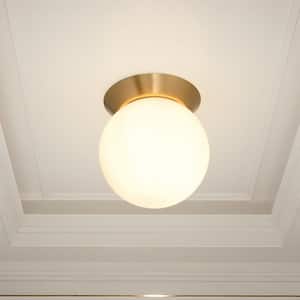 Stel 8 in. Globe 1-Light Antique Brass Flush Mount with Etched Opal Glass Shade for Foyers