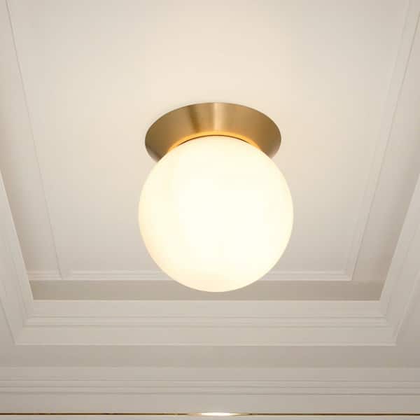 Stel 8 in. Globe 1-Light Antique Brass Flush Mount with Etched Opal Glass Shade for Foyers