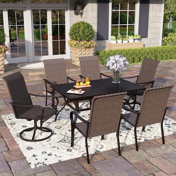 Phi Villa Black 7 Piece Rattan Patio Outdoor Dining Set With Rectangle Slat Table And High In 0747