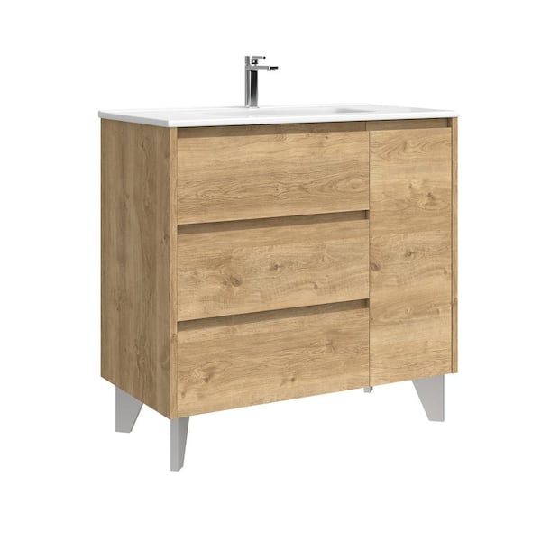 WS Bath Collections Lila 36.0 in. W Single Basin Freestanding Bath Vanity in Natural Oak with Ceramic White Top