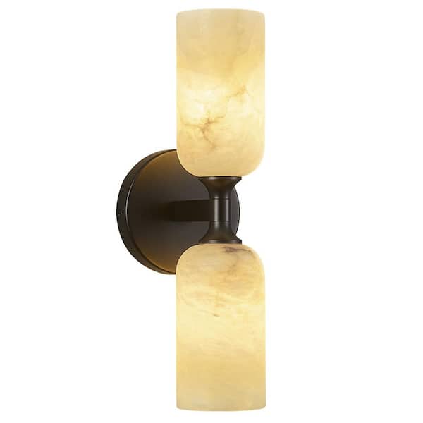 Home Lighting 14 in. 2-Light Modern Black 1-Pack Alabaster Indoor Wall Sconce for Bathroom Bedroom Hallway