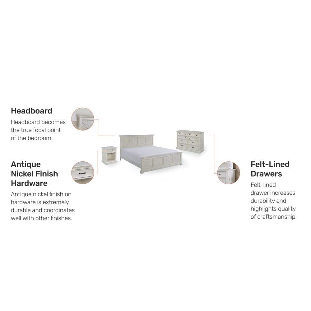 Seaside Lodge Off-White King Bed with Nightstand and Chest