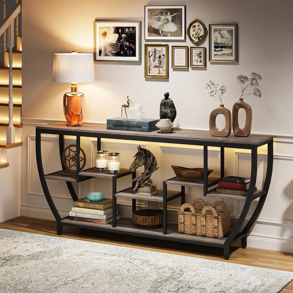 Benjamin 71 in. Gray Rectangle Wood Console Table with 3-Tier Storage, Extra Long Entryway Table Sofa Table